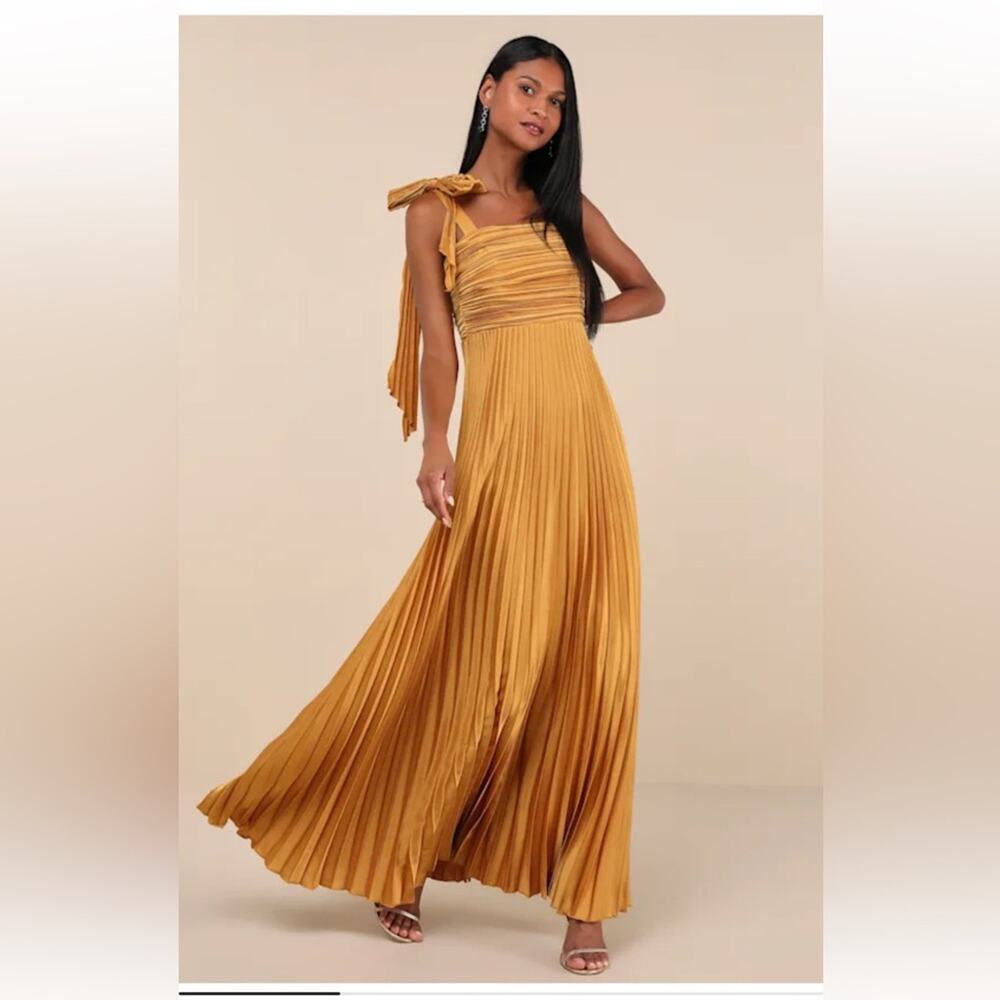 Lulus Gorgeous Purpose Gold Satin Pleated Sleeveless Bow Maxi Dress Size Large